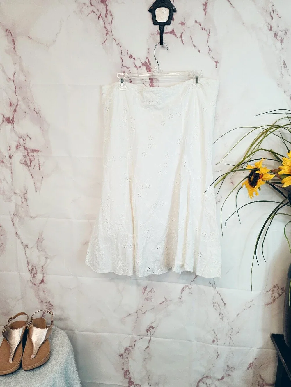 JKLA California White Eyelet Midi Skirt Large Cotton Lined Boho Cottagecore